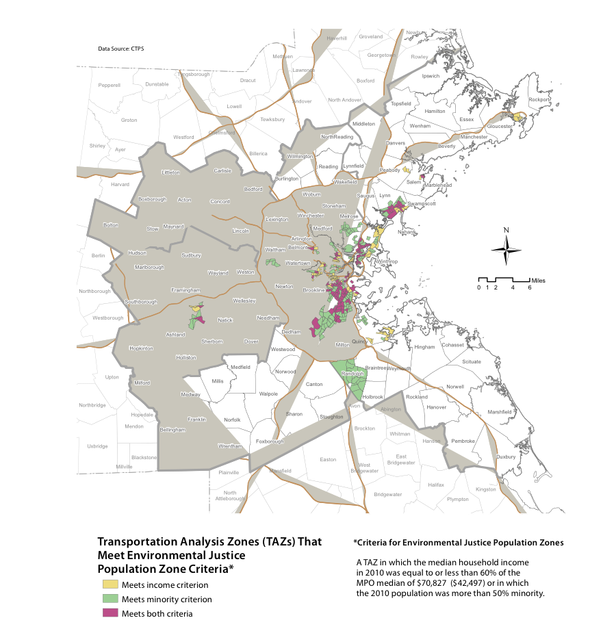 Figure 3.6 is a regionwide map of the environmental-justice areas in the Boston Region MPO.