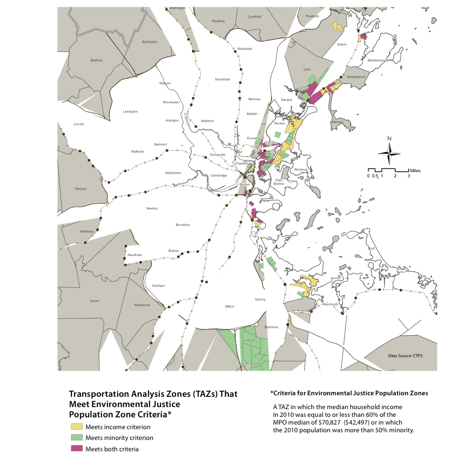 Figure 3.7 is a map of the environmental-justice areas in the central area of the Boston Region MPO.