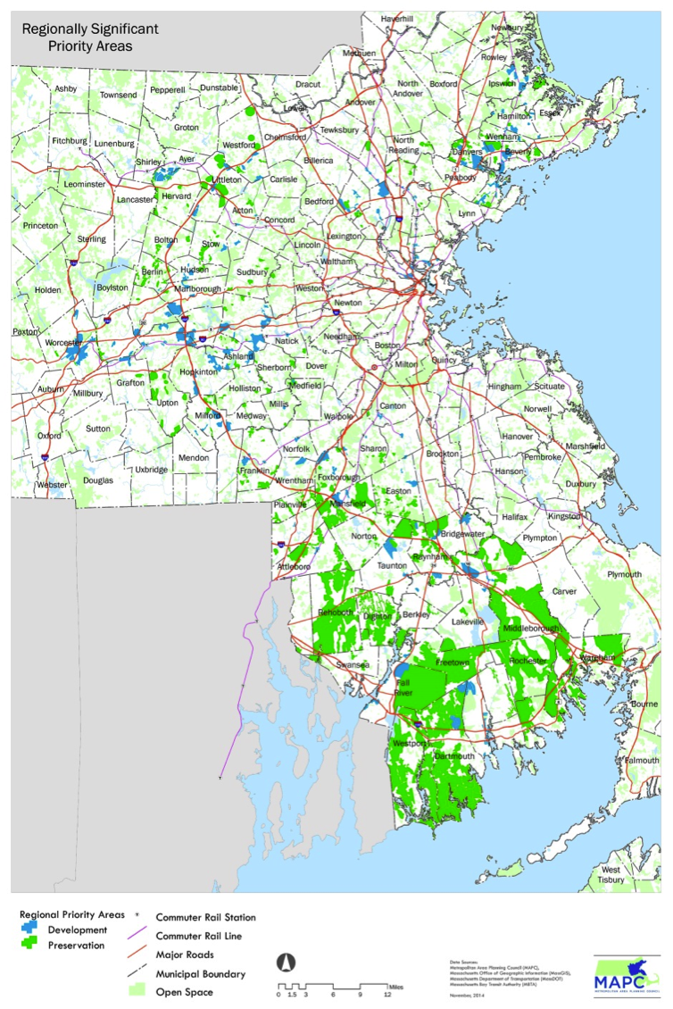 Figure 3.8 is a map of the regionally significant priority development and preservation areas in the Boston Region MPO.