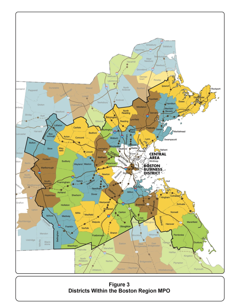 Figure 3-3 is a map of the districts within the Boston Region MPO which are used to describe inter- and intra-district trip flows.