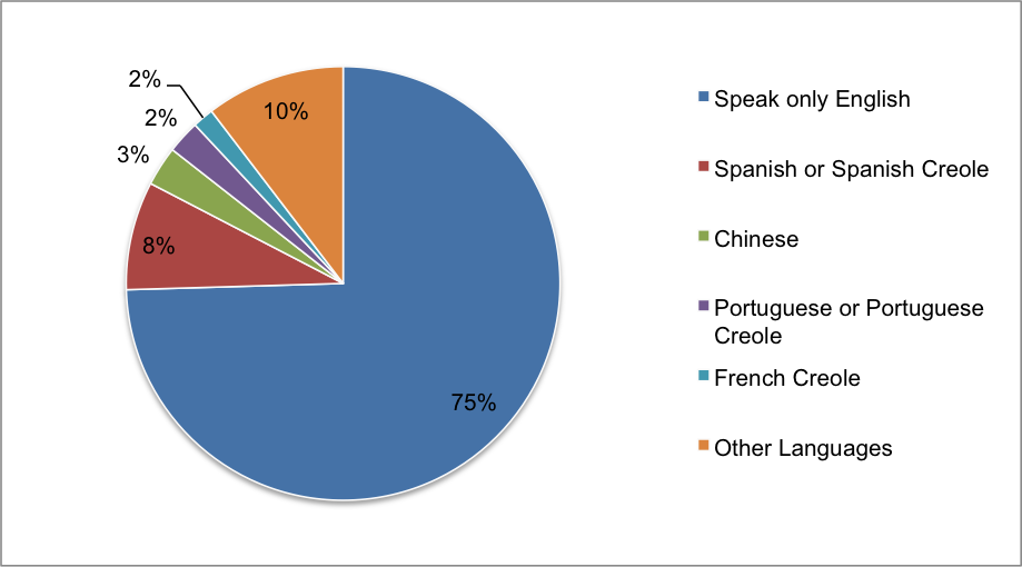 Figure 1.4 shows the percentages of language spoken at home for the population five years of age and older for the years 2009 to 2013 in the Boston Region MPO. The information is derived from the United States Census, 2013 American Community Survey 5-year summary file.