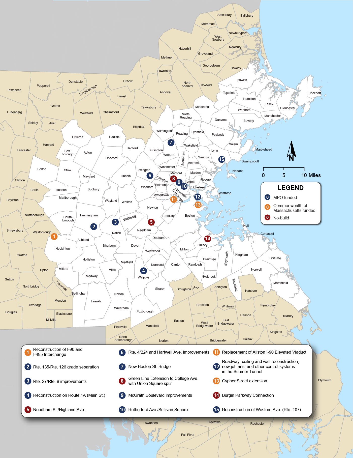 Figure 4-1. Major Infrastructure Projects in the Recommended Plan
Figure 4-1 is a map of the Boston Region that shows the location and name of 15 major infrastructure projects. Figure 4-1 also shows whether the project is MPO funded, Commonwealth of Massachusetts funded, or a No-build project. 
