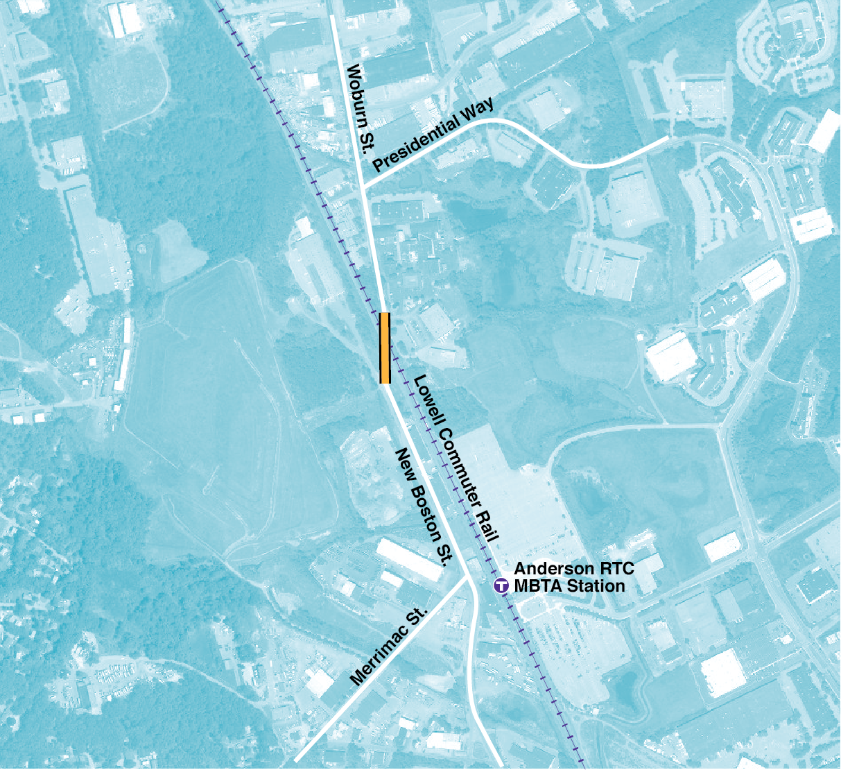 Figure 4-10. Bridge Replacement, New Boston Street Over MBTA Project Area
Figure 4-10 is a map of the Lowell commuter rail line, Anderson Regional Transportation Center, Merrimac Street, Woburn Street, New Boston Street, and Presidential Way.
