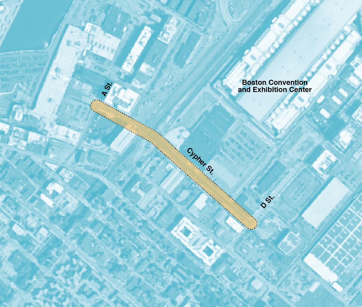 Figure 4-11. Cypher Street Extension Project Area
Figure 4-11 is a map of the Boston Convention and Exhibition Center, A Street, Cypher Street and D Street.
