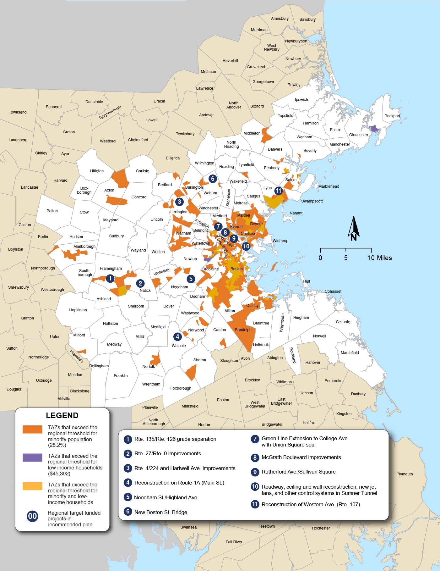 Figure 6-1. Recommended Plan Projects in Minority and Low-Income Transportation Equity Zones
Figure 6-1 is a map of the Boston region highlighting the transportation analysis zones (TAZs) that exceed the regional threshold for minority population, exceed the regional threshold for low-income households, and exceed the regional threshold for minority and low-income households. Figure 6-1 also shows the ten Long-Range Transportation Plan projects in these locations. 
