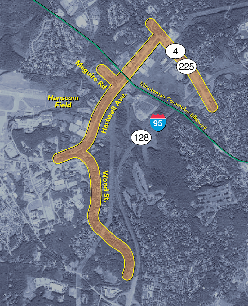 Map of Lexington: Routes 4/225 and Hartwell Avenue