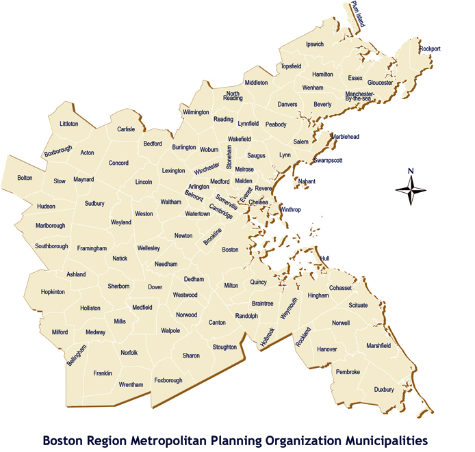 101 Boston Region Municipalities Map: The preceding page will contain a map that shows the Boston Region MPO region. This map includes the boundaries of the 101 cities and towns that are located within the region.