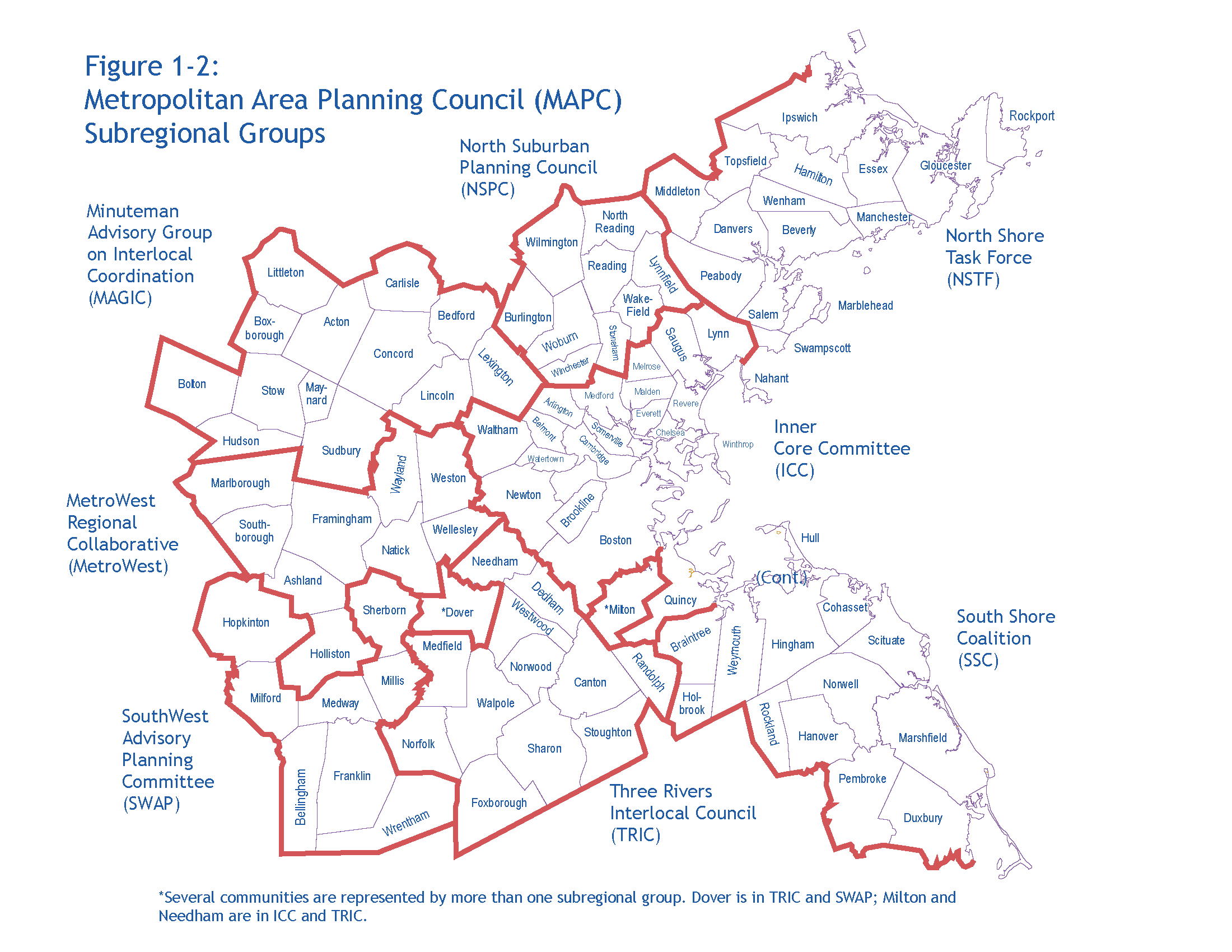 Figure 1-2: Metropolitan Area Planning Council (MAPC) Subregional GroupsThis map shows how the 101 municipalities in the Boston Region MPO region are located in eight MAPC subregions, which are represented by subregional groups. These subregional groups include the Inner Core Committee (ICC), the MetroWest Regional Collaborative (MetroWest), the Minuteman Advisory Group on Interlocal Coordination (MAGIC), the North Suburban Planning Council (NSPC), the North Shore Task Force (NSTF), the South Shore Coalition (SSC), the SouthWest Advisory Planning Committee (SWAP), and the Three Rivers Interlocal Council (TRIC). Two communities are represented by more than one subregional group; Dover is in TRIC and SWAP, and Milton and Needham are in ICC and TRIC.