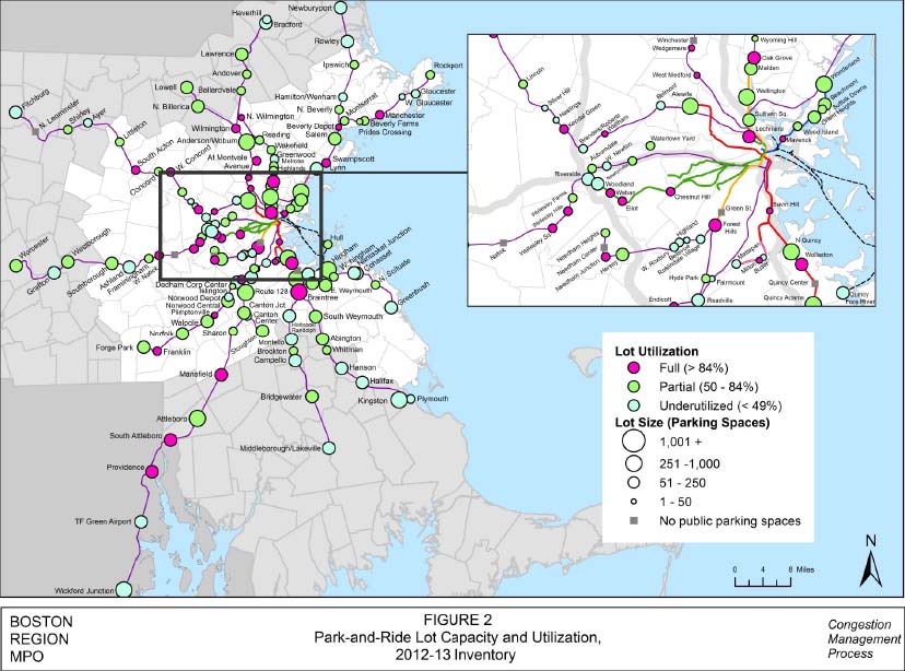 FIGURE 2. Park-and-Ride Lot Capacity and Utilization, 2012-13 Inventory
Figure 2 is a full-page, color-coded map, in landscape format that shows the park-and-ride lots in the study area, along with their lot sizes (number of parking spaces) and percentage of utilization.  

