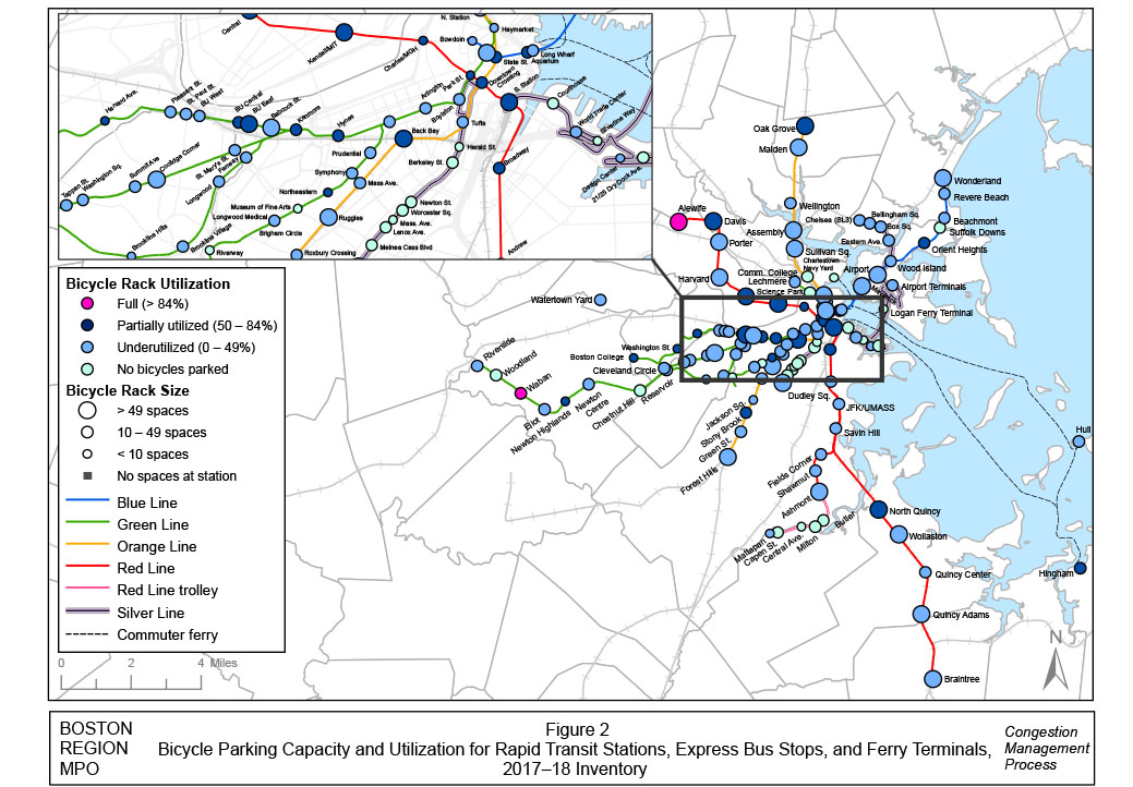 Figure 2 Bicycle Parking Capacity and Utilization for Rapid Transit Stations, Express Bus Stops, and Ferry Terminals, 2017–18 Inventory

This is a full-page, color-coded map in landscape format of the park-and-ride lots in the study area. It presents the bicycle parking capacity and utilization for rapid transit stations, express bus stops, and ferry terminals for the 2017–18 inventory, according to the following parameters: Bicycle rack utilization: magenta represents full (more than 84 percent), dark blue represents partially utilized (50 percent to 84 percent), light blue represents underutilized (less than 49 percent); bicycle rack size: a large clear bullet equals more than 49 spaces, a medium clear bullet equals 10 to 49 spaces, and a small clear bullet equals less than 10 spaces. Other map keys are: a blue line equals MBTA Blue Line, a green line equals MBTA Green Line, an orange line equals MBTA Orange Line, a red line equals MBTA Red Line, a magenta line equals MBTA Red Line trolley, a purple line equals MBTA Silver Line, and a dashed black line equals MBTA Commuter Ferry.
