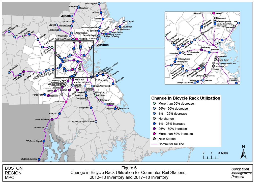 Figure 6 Change in Bicycle Rack Utilization for Commuter Rail Stations, 2012–13 Inventory and 2017–18 inventory

This is a full-page, color-coded map in landscape format of the park-and-ride lots in the study area. It presents the change in bicycle parking utilization for commuter rail stations between the 2012–13 and 2017–18 inventories, according to the following parameters: Change in Bicycle rack utilization: turquoise represents more than a 50 percent decrease, light blue represents 26 percent to 50 percent decrease, sky blue represents 1 percent to 25 percent decrease, light grey represents no change, dark blue represents 1 percent to 25 percent increase, purple represents 26 percent to 50 percent increase, magenta represents more than 50 percent increase, dark grey represents a new station. The magenta line represents the commuter rail line.
