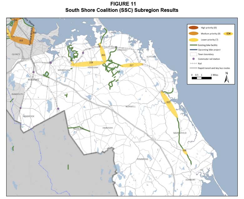 Figure 11. South Shore Coalition Subregion Results
Figure 11 is a map showing the base network of the South Shore Coalition subregion with the gaps identified. The gaps are depicted as high, medium, and lower priority gaps according to the scores that they were assigned in the evaluation.