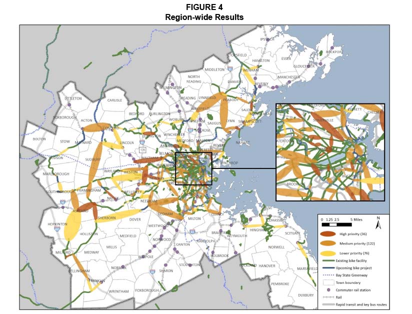 Figure 4. Region-wide Results
Figure 4 is a map showing the base network of the entire Boston region with the gaps identified. The gaps are depicted as high, medium, and lower priority gaps according to the scores that they were assigned in the evaluation.