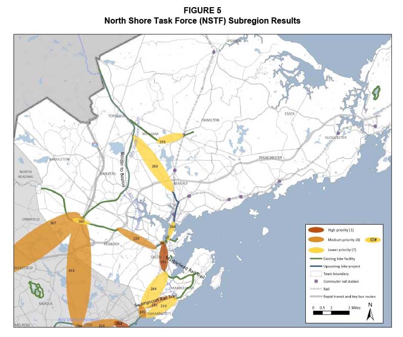 Figure 5. North Shore Task Force Subregion Results
Figure 5 is a map showing the base network of the North Shore Task Force subregion with the gaps identified. The gaps are depicted as high, medium, and lower priority gaps according to the scores that they were assigned in the evaluation.