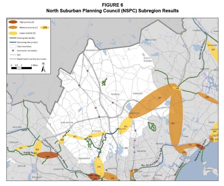 Figure 6. North Suburban Planning Council Subregion Results
Figure 6 is a map showing the base network of the North Suburban Planning Council subregion with the gaps identified. The gaps are depicted as high, medium, and lower priority gaps according to the scores that they were assigned in the evaluation.