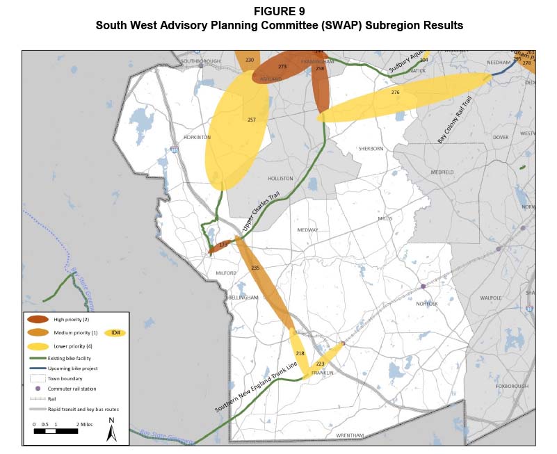 Figure 9. South West Advisory Planning Committee Subregion Results
Figure 9 is a map showing the base network of the South West Advisory Planning Committee subregion with the gaps identified. The gaps are depicted as high, medium, and lower priority gaps according to the scores that they were assigned in the evaluation.