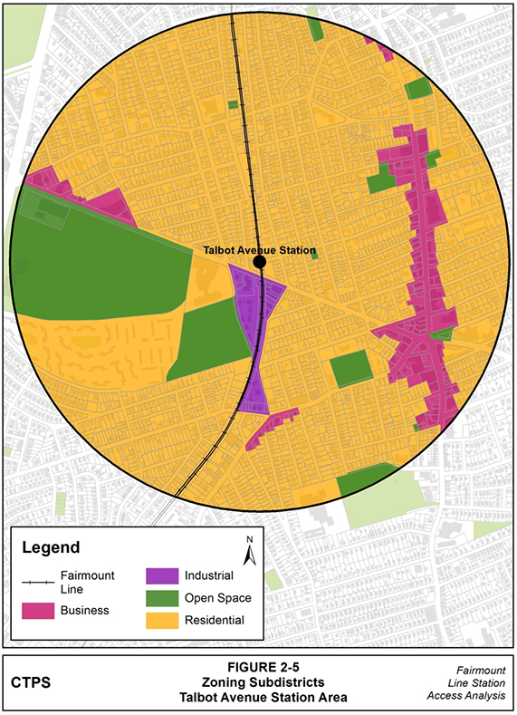 Figure 2-5, Zoning Subdistricts—Talbot Avenue Station Area: Figure 2-5 (portrait orientation) presents a map of the Talbot Avenue station area that illustrates the zoning within the station area by color-coding zoning subdistricts.