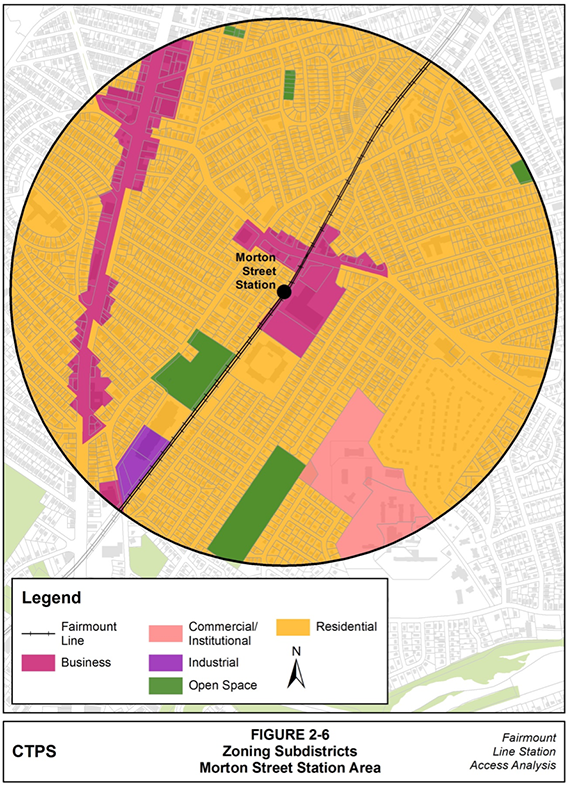 Figure 2-6, Zoning Subdistricts—Morton Street Station Area: Figure 2-6 (portrait orientation) presents a map of the Morton Street station area that illustrates the zoning within the station area by color-coding zoning subdistricts.