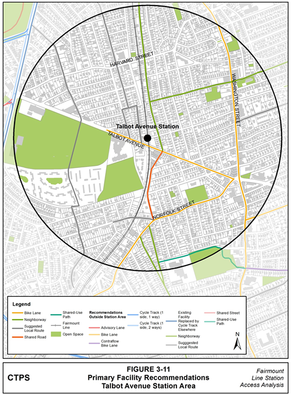 Figure 3-11, Primary Facility Recommendations—Talbot Avenue Station Area: Figure 3-11 (portrait orientation) presents the Boston Bike Network Plan’s primary facility recommendations for the Talbot Avenue station area.