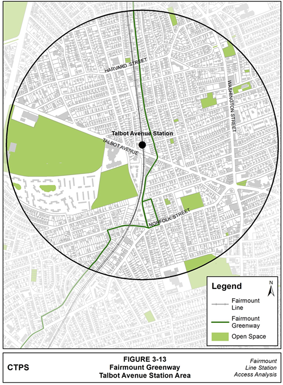 Figure 3-13, Fairmount Greenway—Talbot Avenue Station Area: Figure 3-13 (portrait orientation) presents the route of the Fairmount Greenway in the Talbot Avenue station area.
