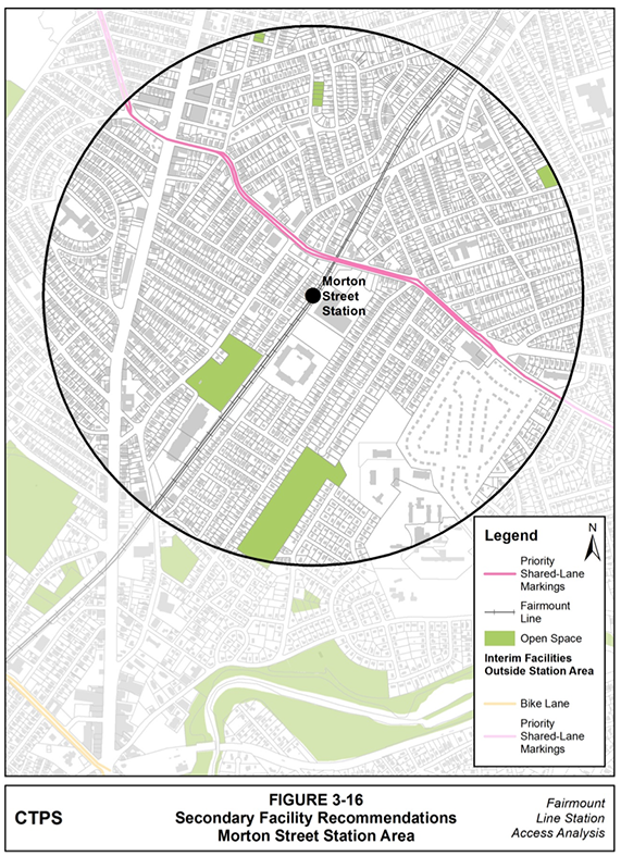 Figure 3-16, Secondary Facility Recommendations—Morton Street Station Area: Figure 3-16 (portrait orientation) presents the Boston Bike Network Plan’s secondary facility recommendations for the Morton Street station area.