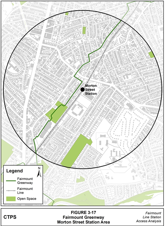 Figure 3-17, Fairmount Greenway—Morton Street Station Area: Figure 3-17 (portrait orientation) presents the route of the Fairmount Greenway in the Morton Street station area.