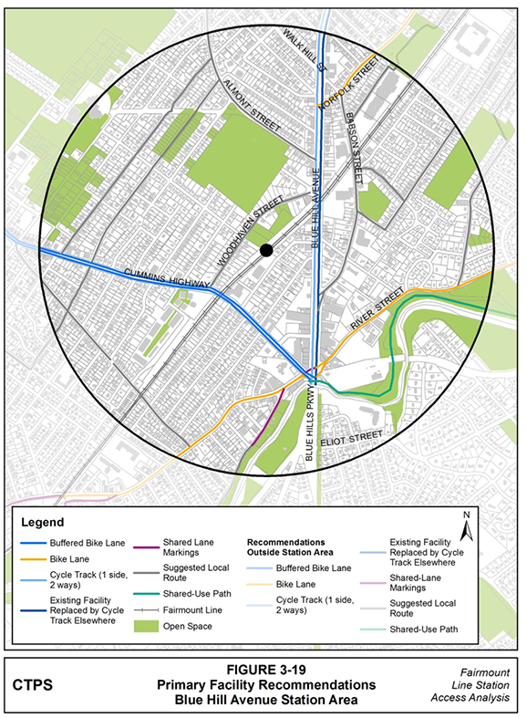 Figure 3-19, Primary Facility Recommendations—Blue Hill Avenue Station Area: Figure 3-19 (portrait orientation) presents the Boston Bike Network Plan’s primary facility recommendations for the Blue Hill Avenue station area.