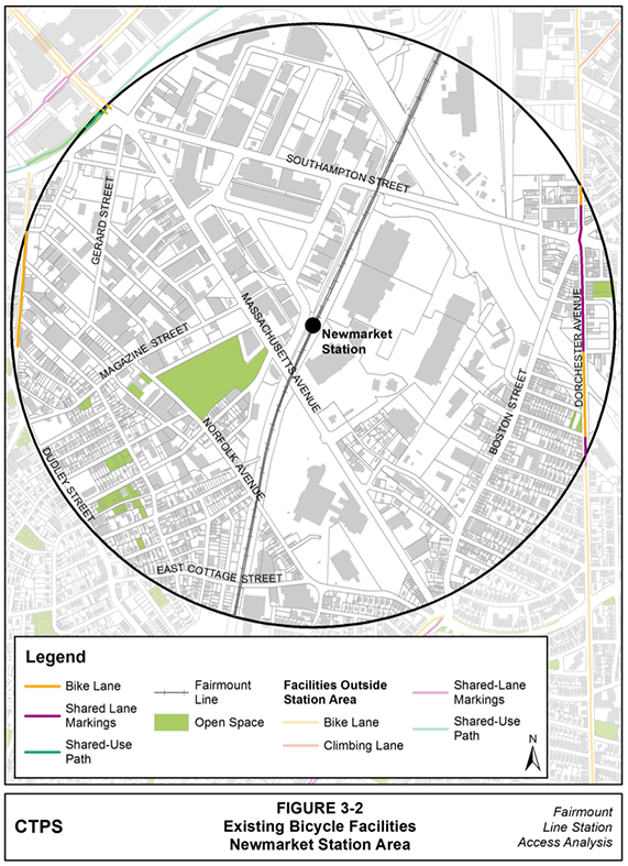Figure 3-2, Existing Bicycle Facilities—Newmarket Station Area: Figure 3-2 (portrait orientation) presents the existing bicycle facilities in the Newmarket station area as documented in the Boston Bike Network Plan.