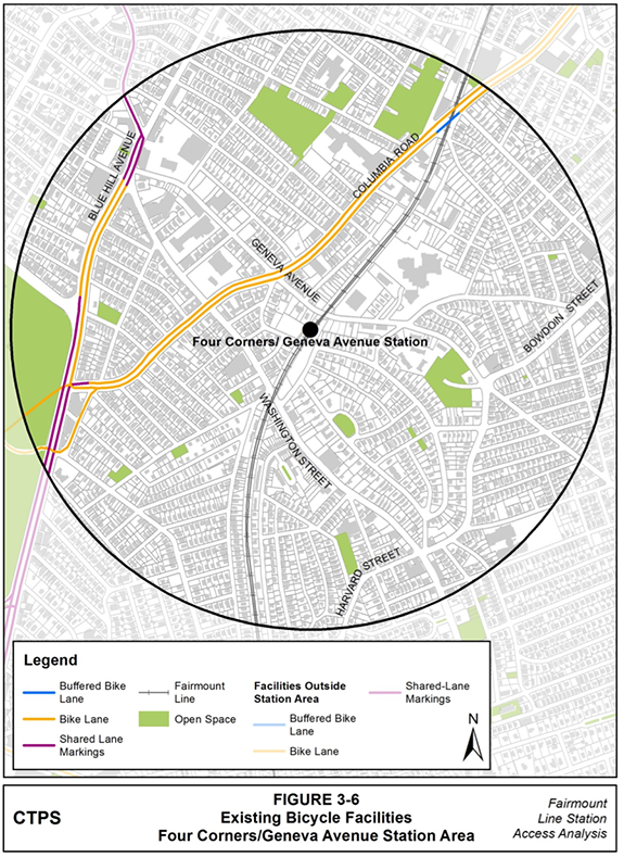 Figure 3-6, Existing Bicycle Facilities—Four Corners/Geneva Avenue Station Area: Figure 3-6 (portrait orientation) presents the existing bicycle facilities in the Four Corners/Geneva Avenue station area as documented in the Boston Bike Network Plan.