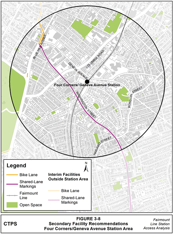 Figure 3-8, Secondary Facility Recommendations— Four Corners/Geneva Avenue Station Area: Figure 3-8 (portrait orientation) presents the Boston Bike Network Plan’s secondary facility recommendations for the Four Corners/Geneva Avenue station area.