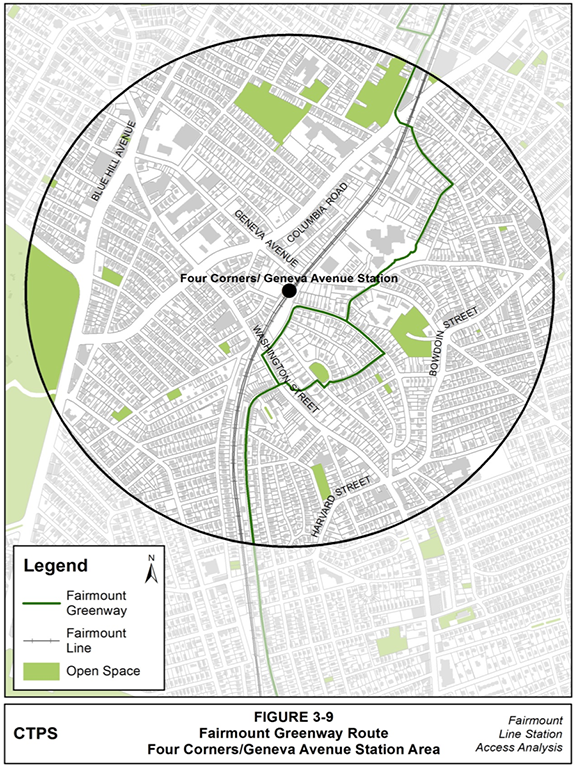 Figure 3-9, Fairmount Greenway Route—Four Corners/Geneva Avenue Station Area: Figure 3-9 (portrait orientation) presents the route of the Fairmount Greenway in the Four Corners/Geneva Avenue station area.