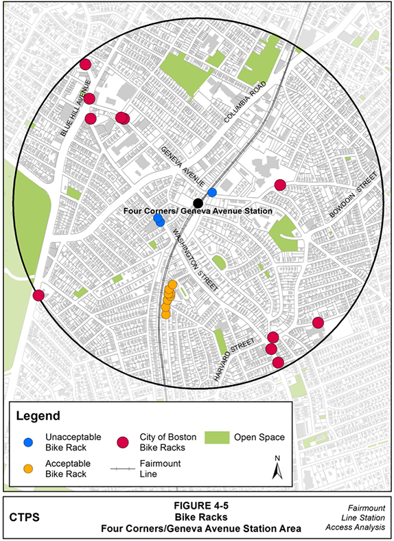 Figure 4-5, Bike Racks—Four Corners/Geneva Avenue Station Area: Figure 4-5 (portrait orientation) presents a map of the bike racks in the Four Corners/Geneva Avenue station area, identified as either acceptable or unacceptable by APBP standards. The map also shows where bike racks have been installed by the City of Boston in the station area.