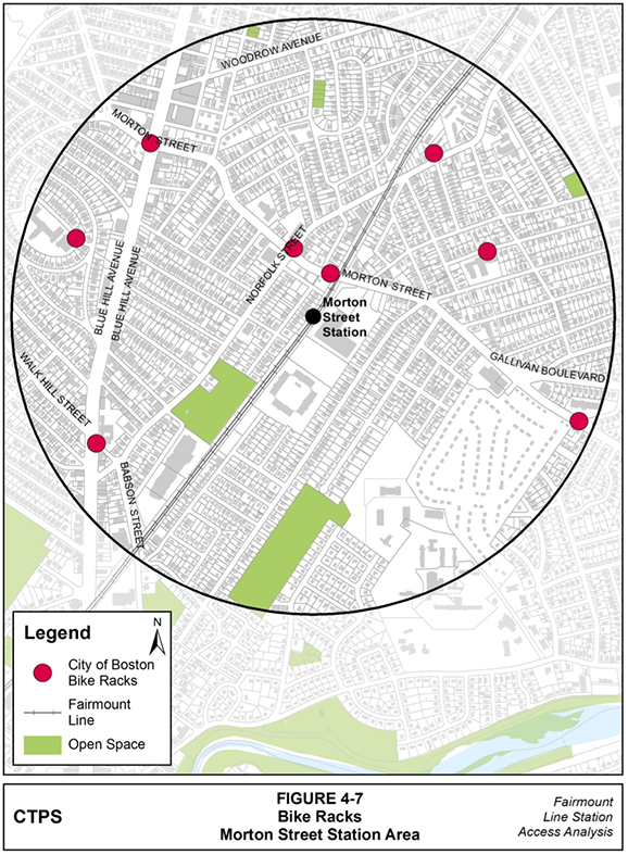 Figure 4-7, Bike Racks—Morton Street Station Area: Figure 4-7 (portrait orientation) presents a map of the bike racks in the Morton Street station area, identified as either acceptable or unacceptable by APBP standards. The map also shows where bike racks have been installed by the City of Boston in the station area.