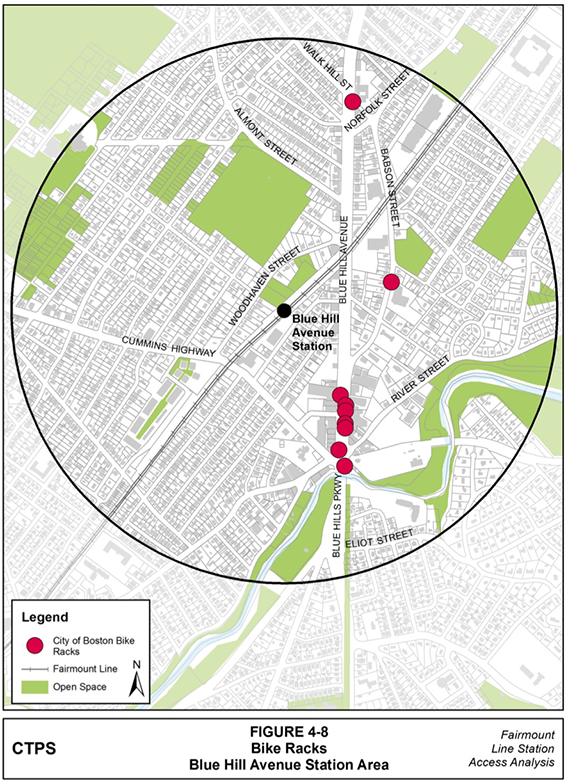 Figure 4-8, Bike Racks—Blue Hill Avenue Station Area: Figure 4-8 (portrait orientation) presents a map of the bike racks in the Blue Hill Avenue station area, identified as either acceptable or unacceptable by APBP standards. The map also shows where bike racks have been installed by the City of Boston in the station area.