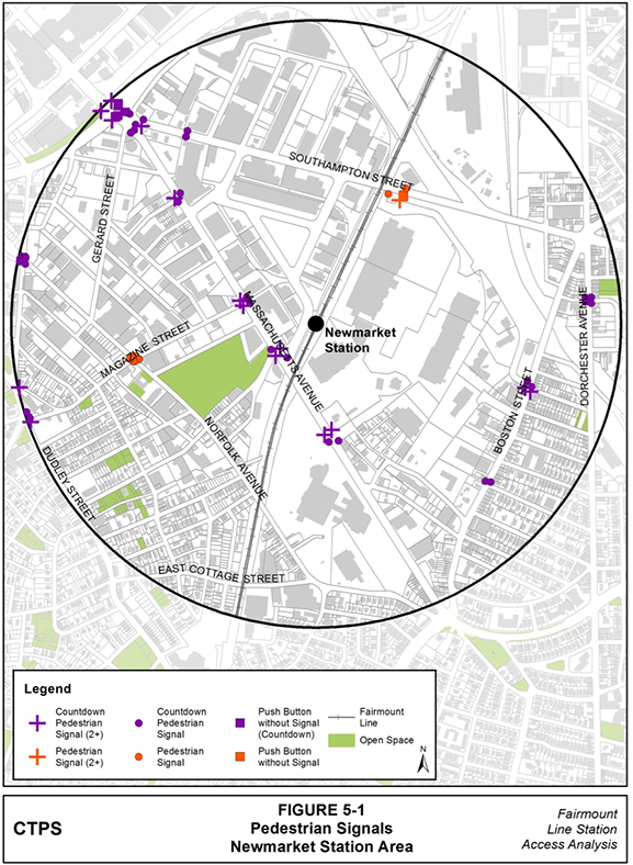 Figure 5-1, Pedestrian Signals—Newmarket Station Area: Figure 5-1 (portrait orientation) presents a map of the locations of all the pedestrian signals in the Newmarket station area and identifies whether the pedestrian signals feature countdown displays.