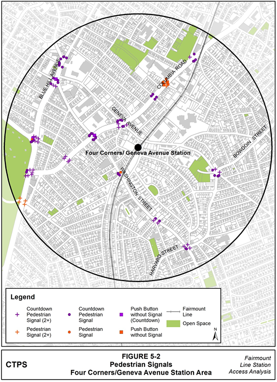 Table 5-4, Durations, Lengths, and Speeds of Pedestrian Crossings near Four Corners/Geneva Avenue: This table contains six columns and twenty-nine rows. The column heads read: Intersection or Crossing, Walk Interval (seconds), Pedestrian Change Interval (seconds), Red Clearance Interval (seconds), Longest Crossing Length (feet), and Expected Crossing Speed (feet per second).