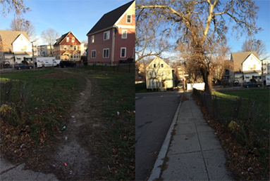 Figure 6-1, Debris on Puritan Avenue near Richfield Street: Figure 6-1 presents pictures taken by MPO staff of the debris littering a pedestrian route across a lot on Puritan Avenue and the debris narrowing the pedestrian zone along the sidewalk on Puritan Avenue. 