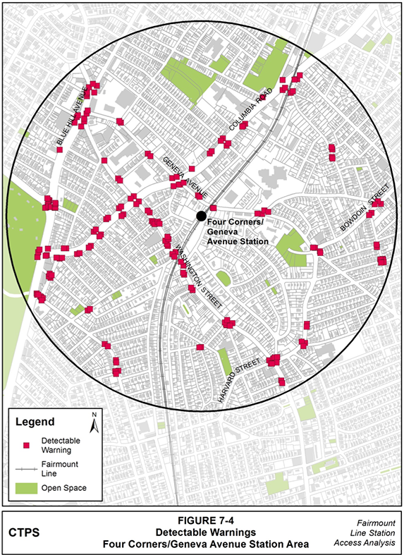 Figure 7-4, Detectable Warnings— Four Corners/Geneva Avenue Station Area: Figure 7-4 (portrait orientation) presents a map of the locations where MPO staff observed detectable warnings when conducting field work in the Four Corners/Geneva Avenue station area.