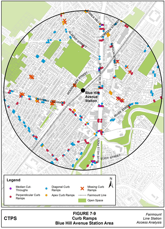 Figure 7-9, Curb Ramps—Blue Hill Avenue Station Area: Figure 7-9 (portrait orientation) presents a map of the locations where MPO staff observed ramps when conducting field work in the Blue Hill Avenue station area. The map differentiates between types of curbs using colors and symbols.