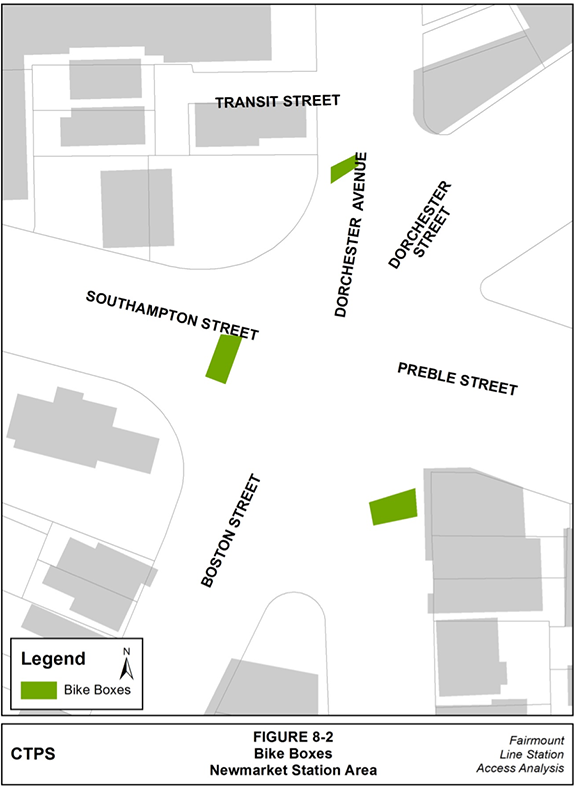 Figure 8-2, Bike Boxes—Newmarket Station Area: Figure 8-2 (portrait orientation) presents a map of the bike boxes painted in the Newmarket station area.