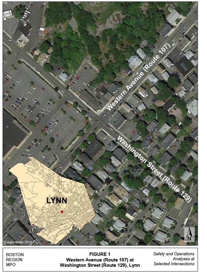 Figure 1 is titled “Western Avenue Route 107) at Washington Street (Route 129), Lynn.” It is an aerial photo of the intersection; the two roadways that form the intersection are labeled in the photo: Western Avenue, which is numbered Route 107 at that location, and Washington Street, which is numbered Route 129 at that location. There is also an inset map in the corner of the photo that shows where the intersection is located within the city of Lynn.