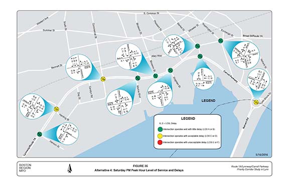 FIGURE 35. Computer-drawn map with graphics showing the results of the traffic operations analyses at the major intersections for Alternative 4 in terms of level of service and delays for the Saturday PM peak hour.