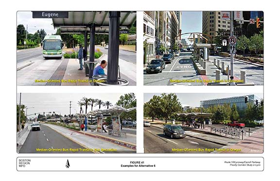 FIGURE 41. Photographs of example roadways for Alternative 6, such bus rapid transit facilities in Cleveland, Ohio; Eugene, Oregon; and San Bernardino, California.
