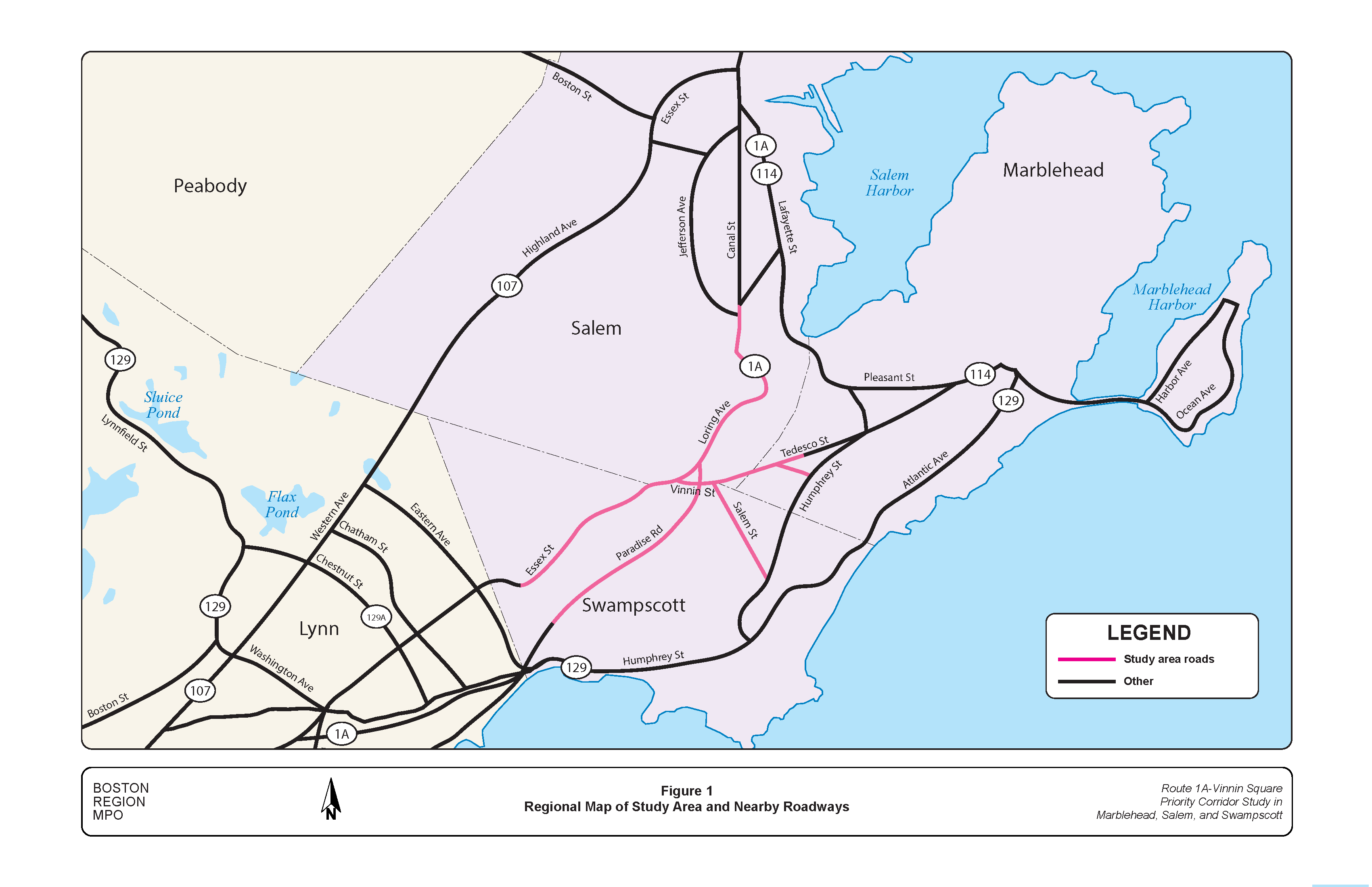 FIGURE 1. Regional Map of Study Area and Nearby Roadways.Figure 1 is a map of roadways in and surrounding the study area.