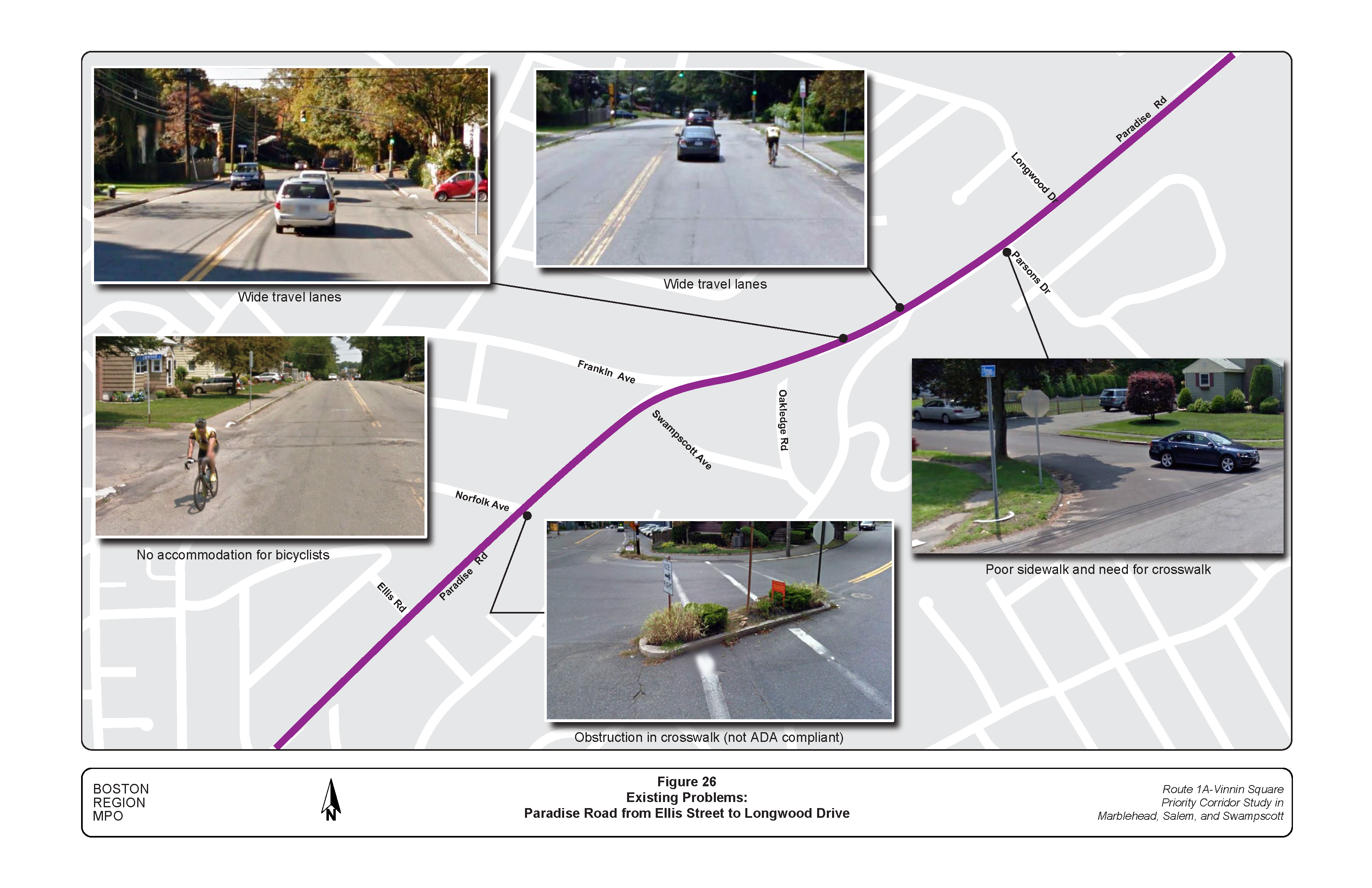 FIGURE 26. Existing Problems: Paradise Road from Ellis Street to Longwood Drive.Figure 26 is a map of the section of Paradise Road between Ellis Street and Longwood Drive. Photos embedded show problems at four locations. 
