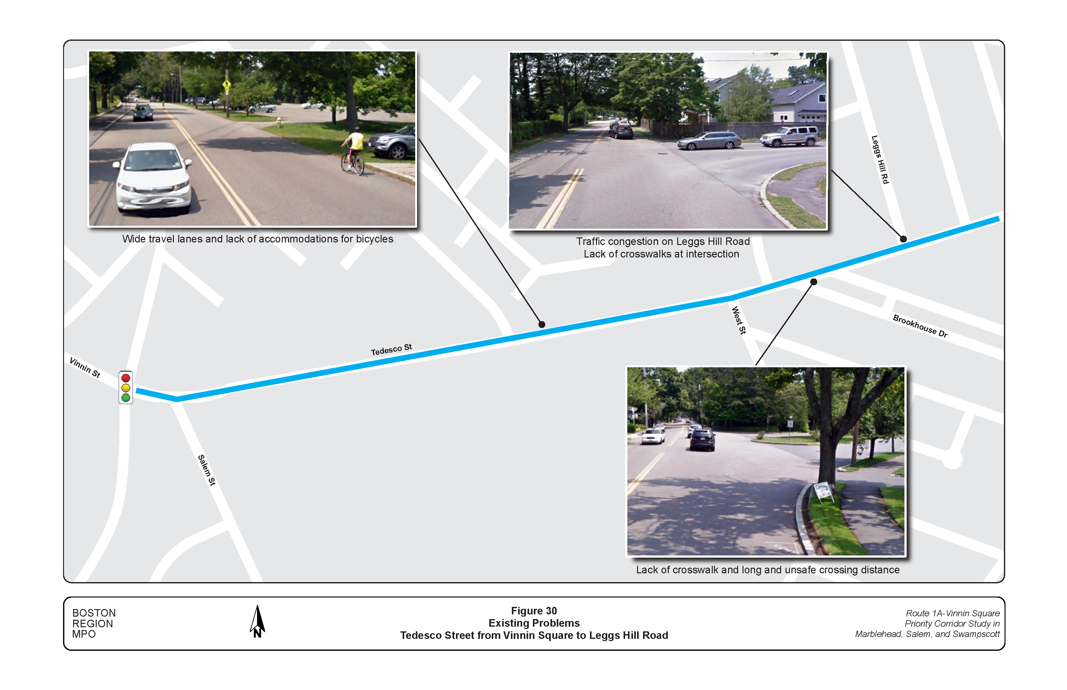 FIGURE 30. Existing Problems: Tedesco Street from Vinnin Square to Leggs Hill Road.Figure 30 is a map of Tedesco Street between Vinnin Square and Leggs Hill Road. Photos embedded show problems at three locations.