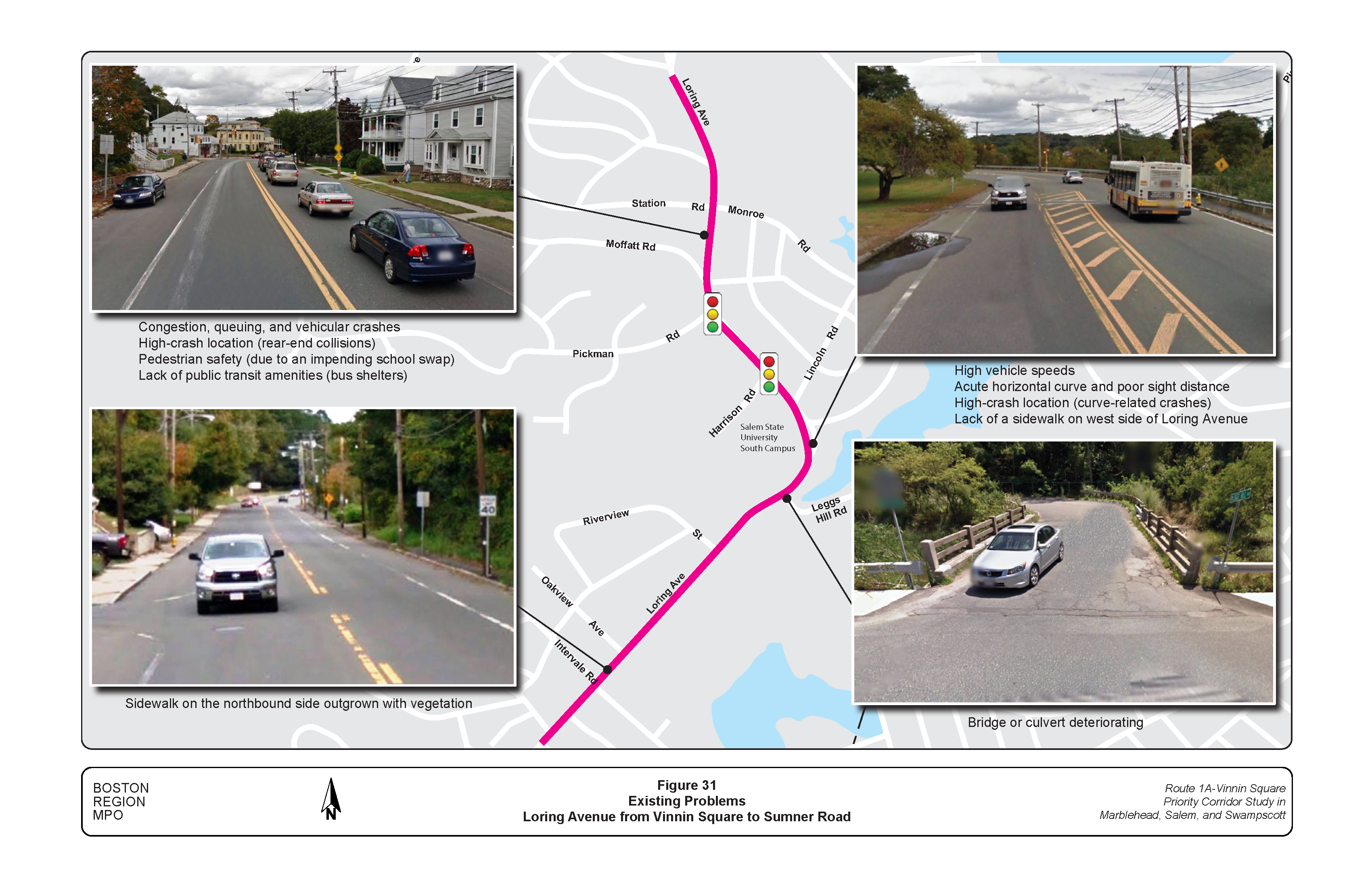 FIGURE 31. Existing Problems: Loring Avenue from Vinnin Square to Sumner Road.Figure 31 is a map of Loring Avenue between Vinnin Square and Sumner Road. Photos embedded show problems at four locations.