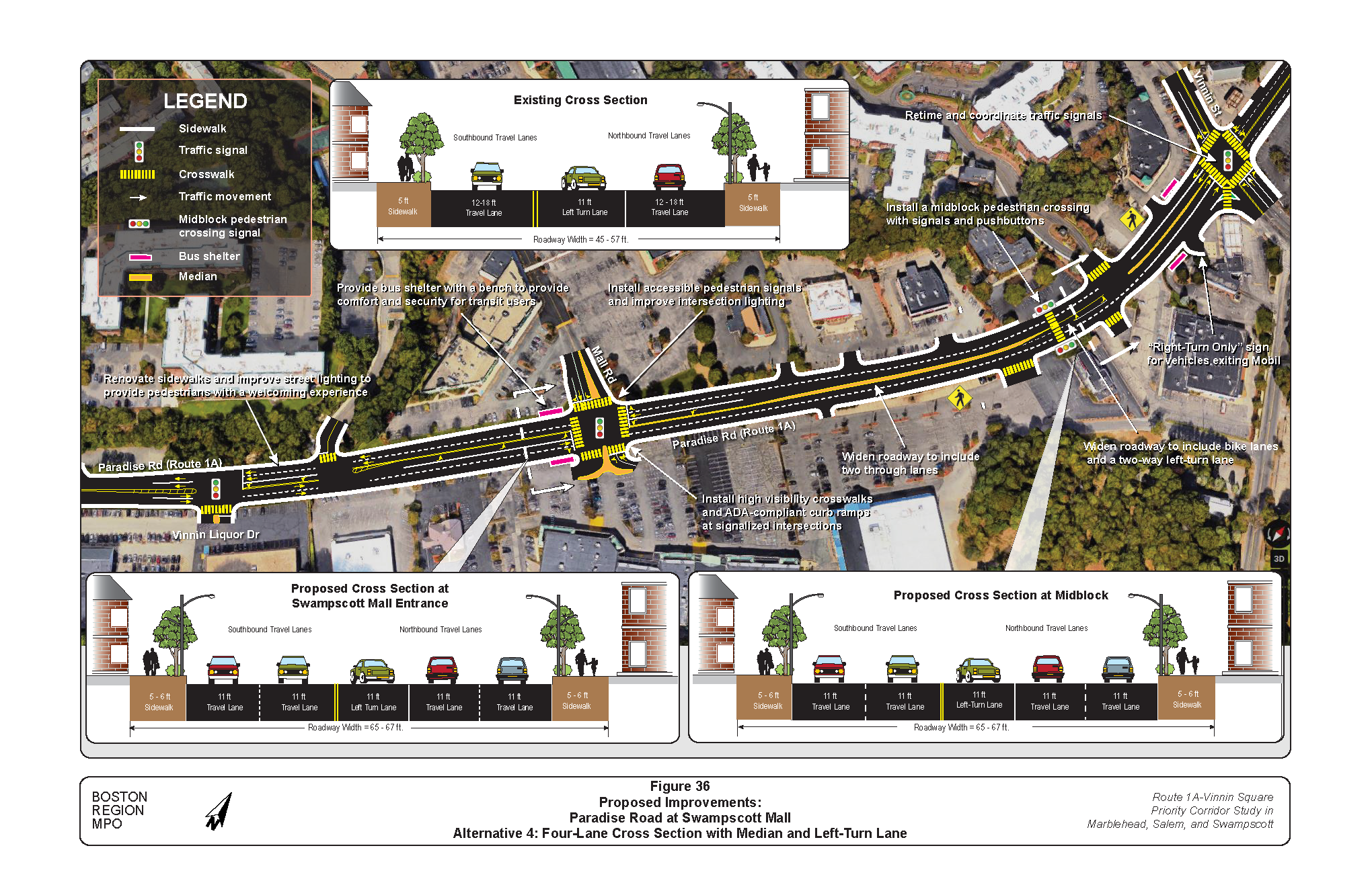 FIGURE 36. Proposed Improvements, Alternative 4: Paradise Road at Swampscott Mall.Figure 36 is a map of Paradise Road at Swampscott Mall showing the location of proposed improvements in Alternative 4. The proposed improvements are described in text boxes. Graphics embedded show proposed roadway cross sections with lane widths.