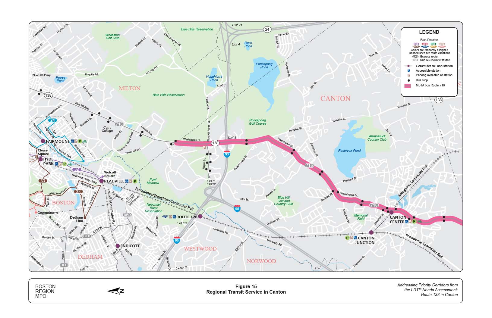 Figure 15 is a map of the study area showing the regional transit service along Route 138.