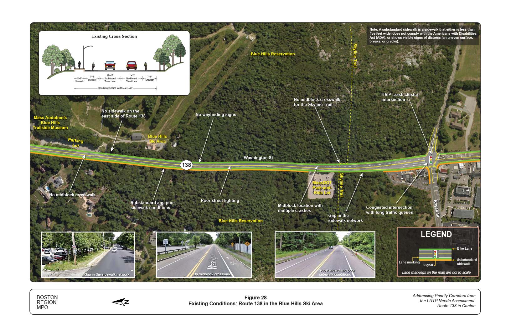 Figure 28 is a map of Route 138 near the Blue Hills Ski Area with overlays showing the locations of existing problems on the roadway and a graphic of the current cross section of the roadway.